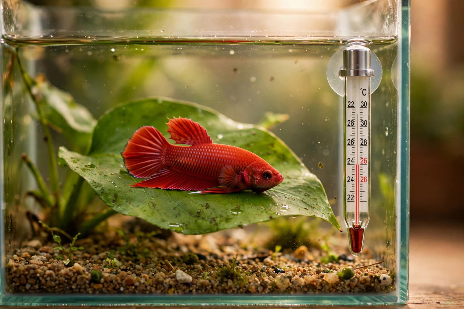 Betta fish resting on a plant in a warm, properly heated planted aquarium