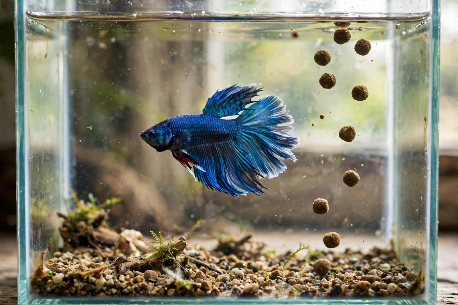 Betta fish ignoring uneaten food pellets sinking in the tank