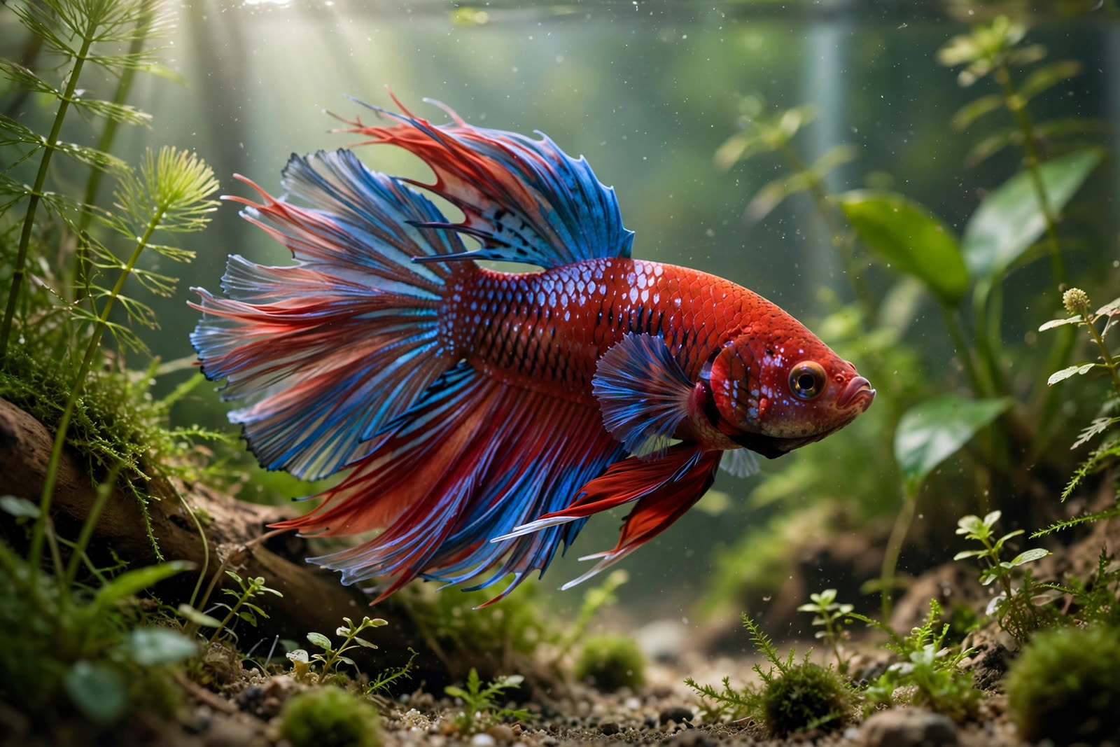 Colorful betta fish swimming in a planted aquarium